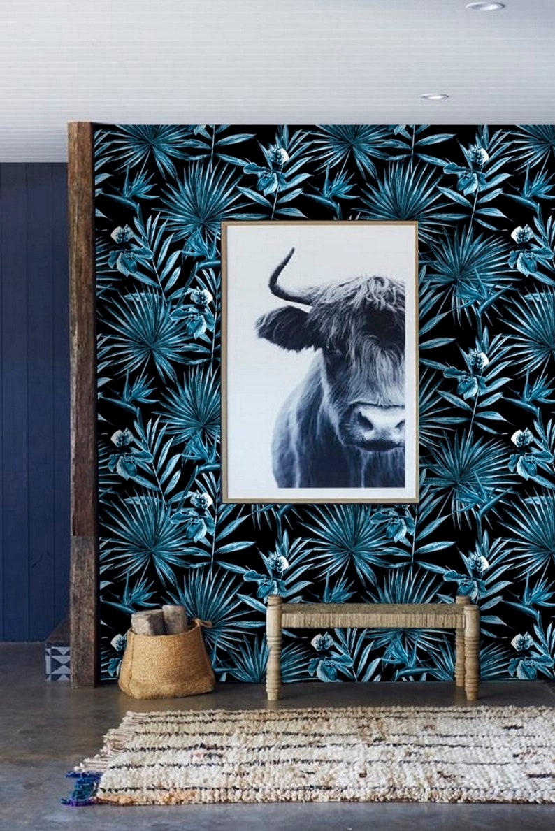 Blauw Palmblad behang, Peel en Stick Wallpaper Blauw, Palm Wallpaper Zwart, Tropisch Behang Zwart, Botanisch Behang Donkerblauw 102 afbeelding 4