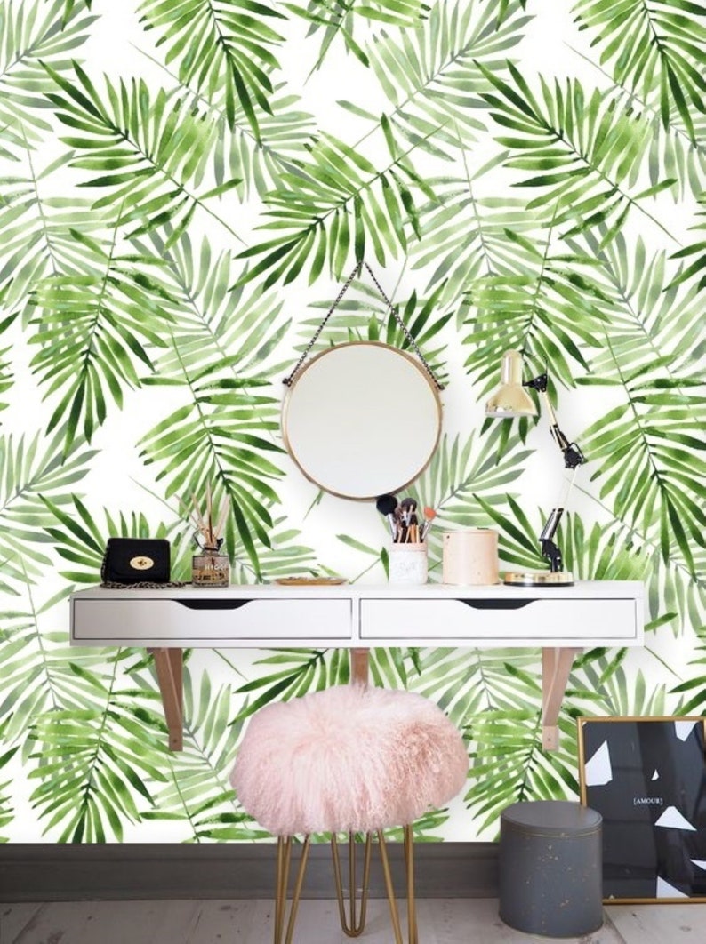 Green Palm Leaf Wallpaper, Nursery Neutral Leaves, Peel and Stick Wallpaper, Boho Tropical Wallpaper, Mural Wallpaper Greenery Prints 73 image 4