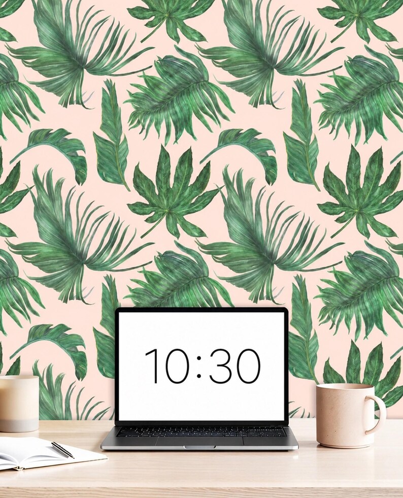 Peel and Stick Banana Leaf Green and Pink Tropical Wallpaper on Etsy