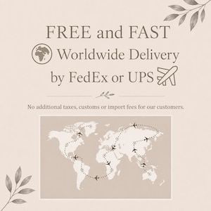 Shipping information graphic explaining free, fast worldwide delivery by FedEx or UPS, featuring a world map to illustrate international shipping and informing customers that no additional shipping charges apply.