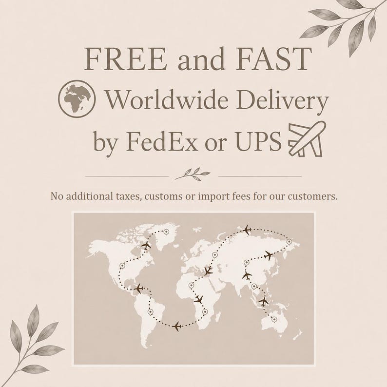 Shipping information graphic explaining free, fast worldwide delivery by FedEx or UPS, featuring a world map to illustrate international shipping and informing customers that no additional shipping charges apply.
