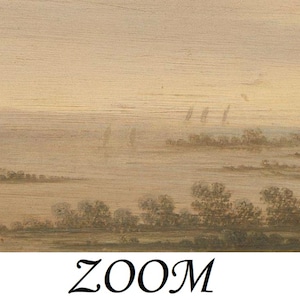 May include: A painting of a landscape with a body of water in the foreground. The water is a light brown color and there are trees on the far shore. The sky is a light brown color and there are some faint white lines in the sky.
