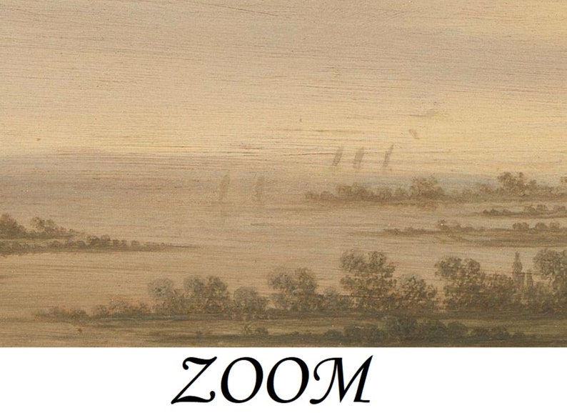 May include: A painting of a landscape with a body of water in the foreground. The water is a light brown color and there are trees on the far shore. The sky is a light brown color and there are some faint white lines in the sky.