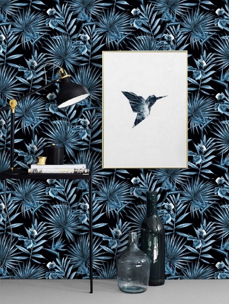 Blue Palm Leaf Wallpaper, Peel and Stick Wallpaper Blue, Palm Wallpaper Black, Tropical Wallpaper Black, Botanical Wallpaper Dark Blue 102 image 2