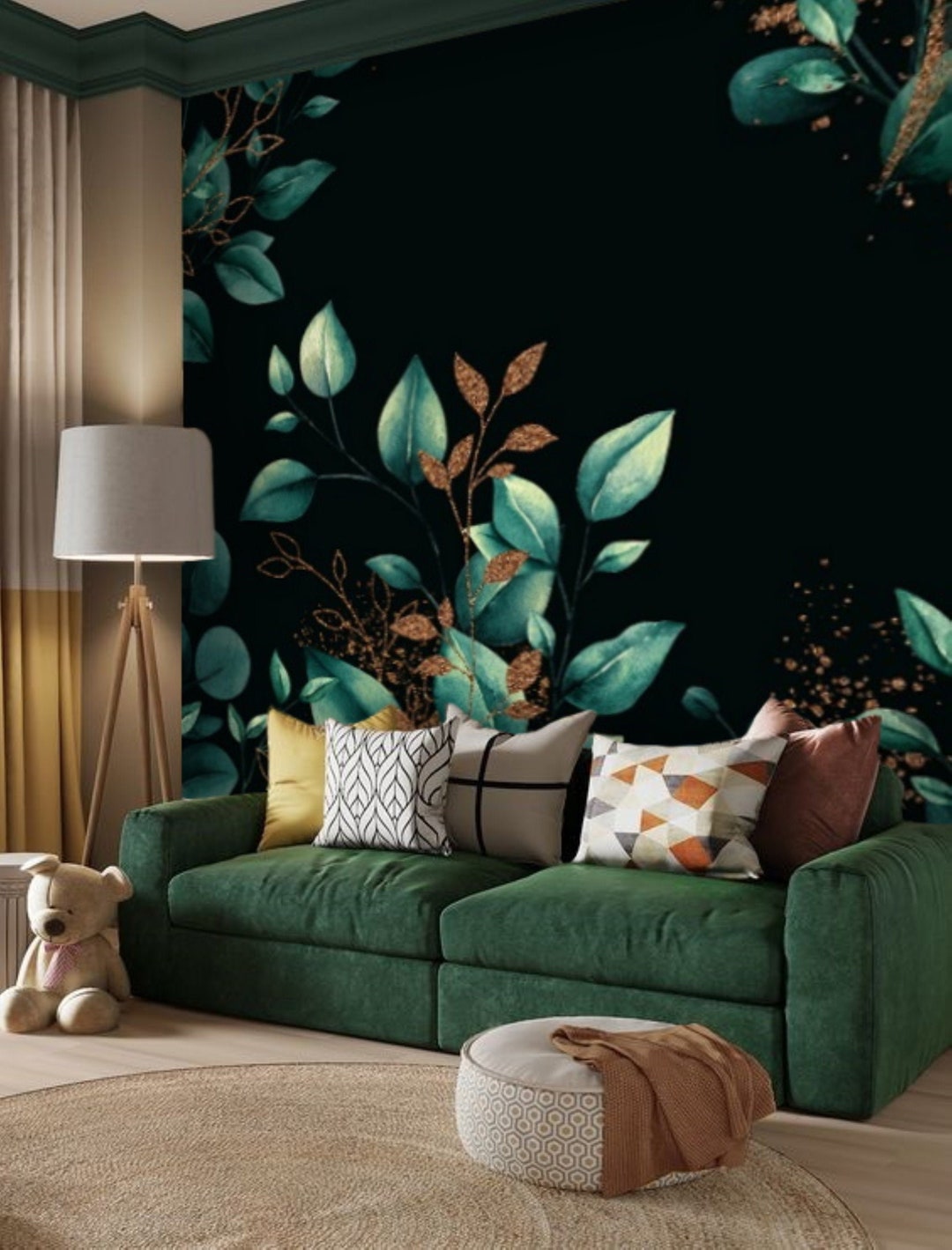 Dark Green Wallpaper Peel and Stick Floral Botanical Wallpaper Mural