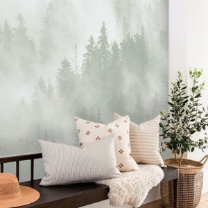 Foggy Pine Tree Wallpaper Mural Muted Green, Removable Peel and Stick ...