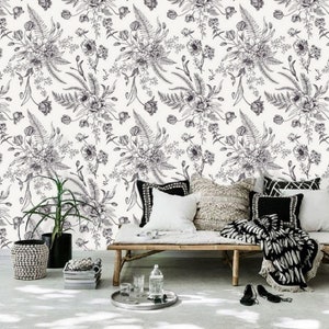 Sketch Floral Wall Paper Black and White Wallpaper Murals - Etsy
