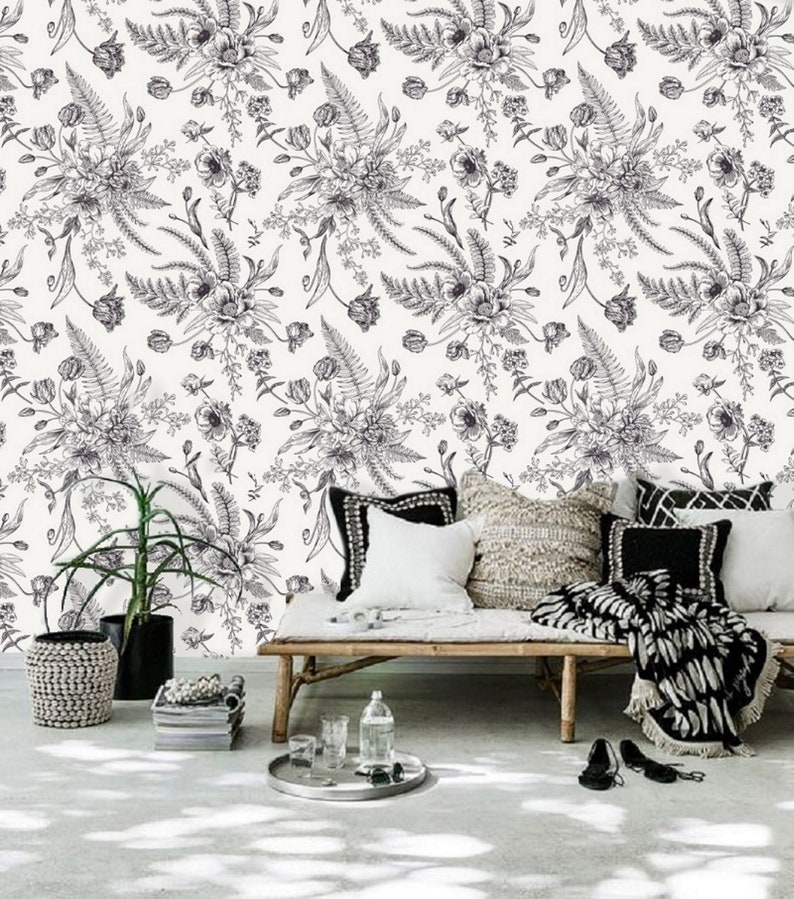 Sketch Floral Wall Paper Black and White Wallpaper Murals - Etsy