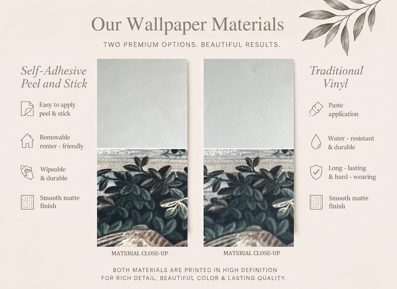 Wallpaper material comparison showing premium Self-Adhesive Peel and Stick and Traditional Vinyl options, with close-up texture details and feature highlights including easy application, removability, wipeable durability, water resistance, long-lasting performance, and matte finishes. Both materials are printed in high definition for rich detail, beautiful color, and lasting quality.