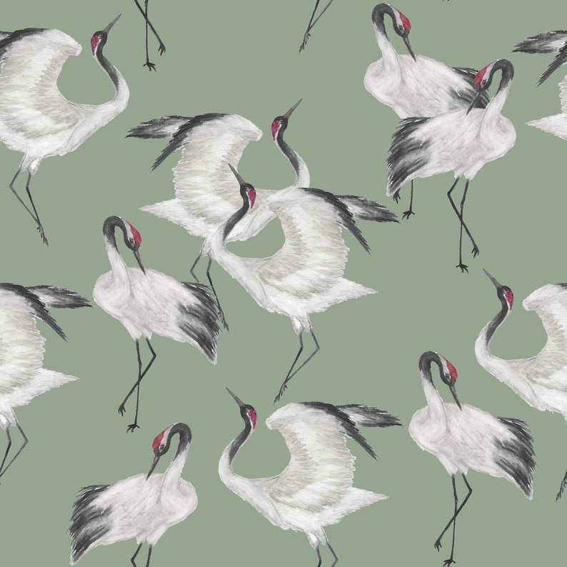 Sage Green Japanese Crane Wallpaper Mural Peel and Stick on Etsy