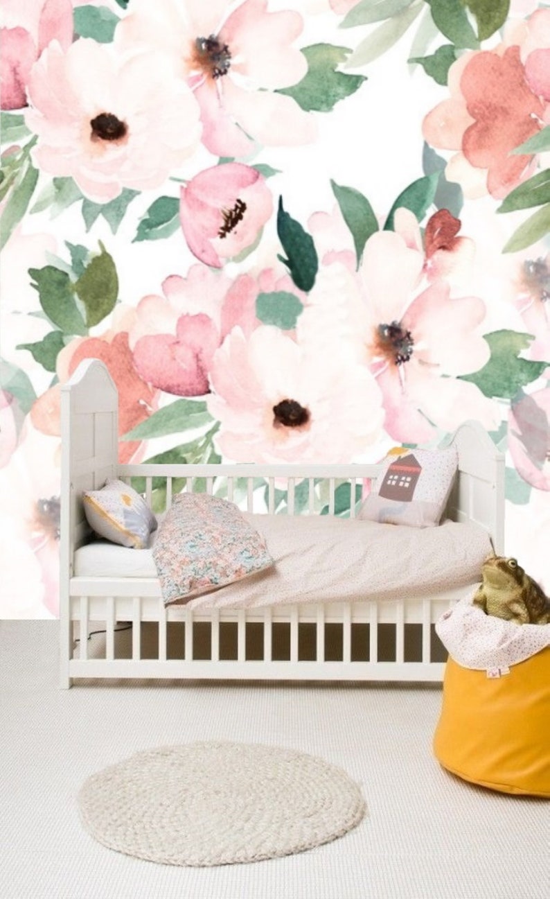 Baby Girl Nursery Peel and Stick Wallpaper Floral Watercolour Etsy