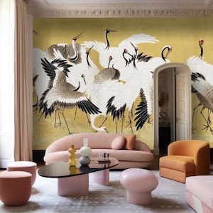Crane Wall Mural Peel and Stick, Oriental Style Gold Wallpaper, Heron Wall Art, Chinoiserie Birds, Japanese Room Decor, Asian Inspired Art
