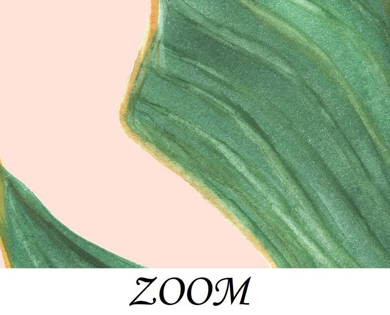 Peut inclure: Gros plan d'une peinture &agrave; l'aquarelle repr&eacute;sentant une feuille verte avec un contour jaune-brun sur un fond rose clair. Le mot "ZOOM" est &eacute;crit en script noir en bas de l'image.