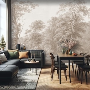 Papier peint paysage beige clair, préencollé amovible, décoration boisée neutre, décoration murale forêt vintage de rêve pour salon