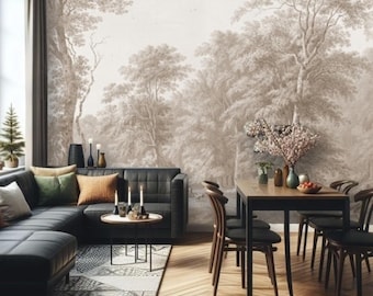 Light Beige Landscape Wallpaper, Removable Peel and Stick Prepasted, Neutral Woodsy Decor, Dreamy Vintage Forest Wall Mural for Lounge Room