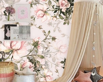 Soft Pink Color Roses Wallpaper, Peel and Stick Floral Wallpaper Nursery, Temporary Wallpaper Toddler, Girls Room Wallpaper Watercolor #121