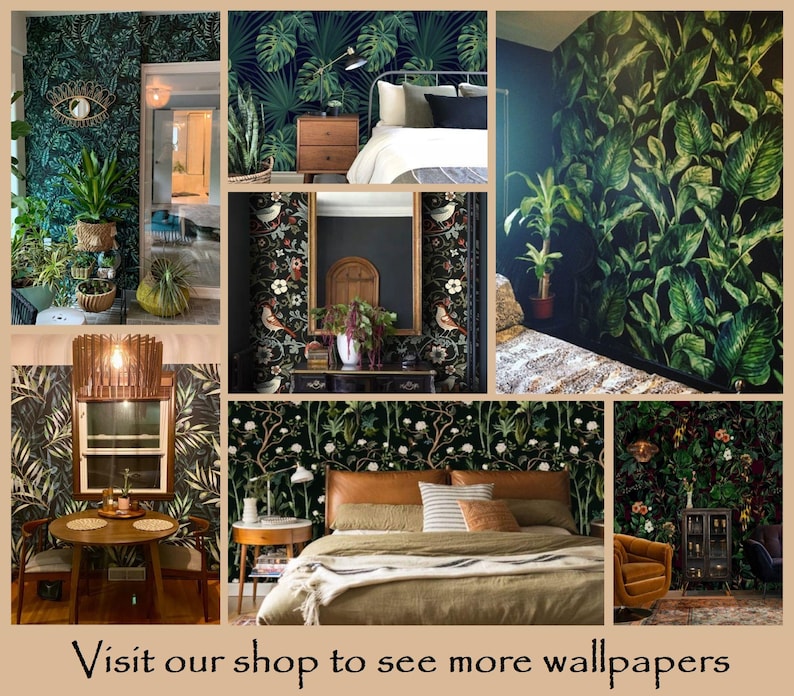 Op de afbeelding: Een collage van interieurontwerpsc&egrave;nes met botanisch behang. De afbeeldingen tonen slaapkamers, eetzalen en andere ruimtes met weelderige groene en donkere bloempatronen. De tekst "Visit our shop to see more wallpapers" is zichtbaar.