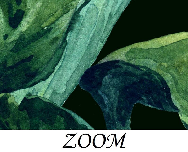 Op de afbeelding: Waterverfschilderij van groene bladeren met donkerblauwe en zwarte accenten. Het woord "ZOOM" is in een cursief lettertype onderaan de afbeelding geschreven. Het kunstwerk heeft een botanisch thema.