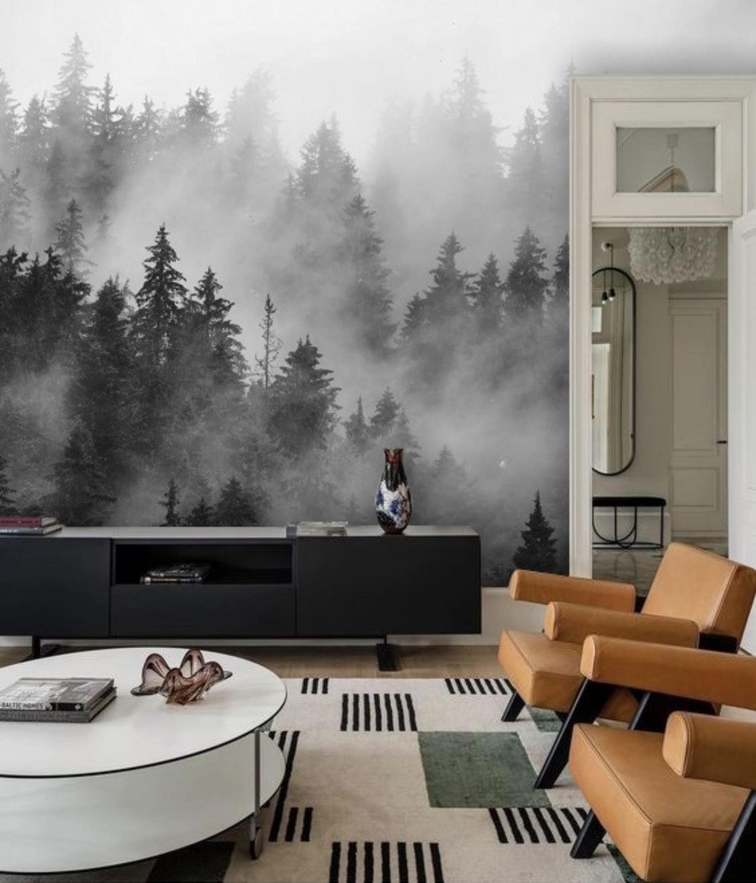 Mistig bosbehang zwart-wit muurschildering, Peel and Stick of traditioneel,  gezellig slaapkamerdecor - Etsy België, image size:2570x3000