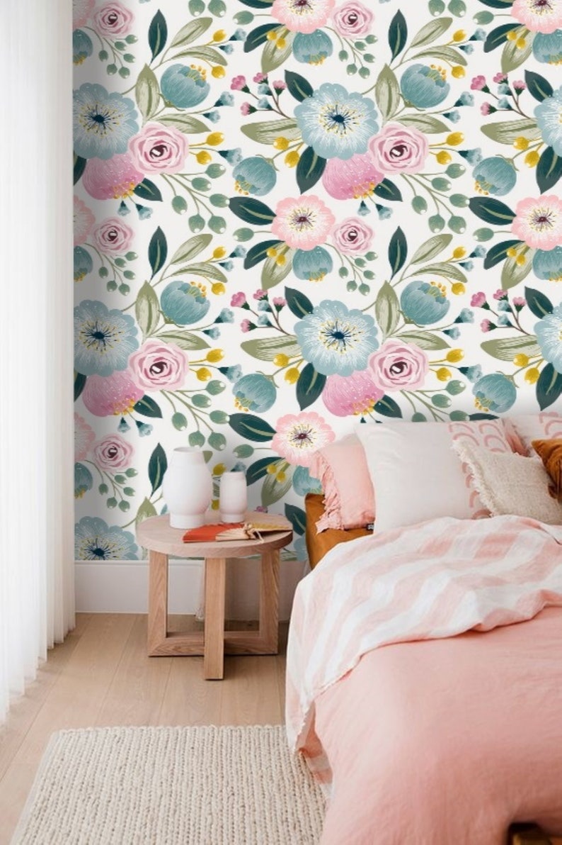 Girl Nursery Wallpaper Peel & Stick Pink Floral Wallpaper Etsy