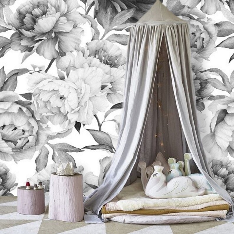 Giant Peony Wallpaper Black and White Flower Peony Peel and - Etsy