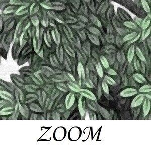 May include: Abstract painting of green leaves with a white background and the word "ZOOM" in black text at the bottom.