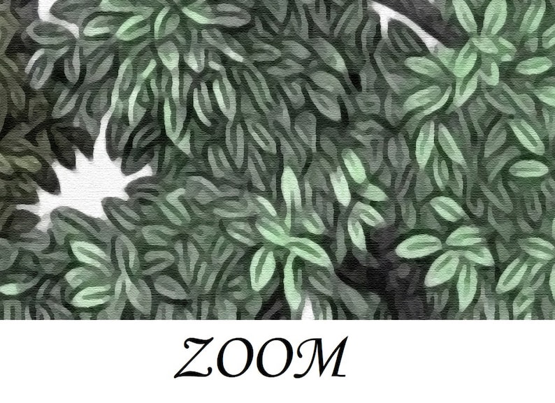 May include: Abstract painting of green leaves with a white background and the word "ZOOM" in black text at the bottom.