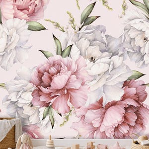 Dusty Pink White Grey Flower Peony Wallpaper Mural Light Pink Background Removable Peel and Stick on Etsy