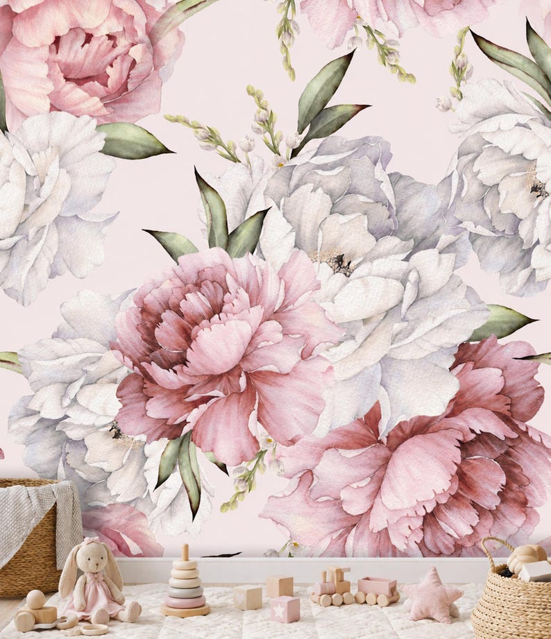 Dusty Pink White Grey Flower Peony Wallpaper Mural Light Pink Background Removable Peel and Stick on Etsy