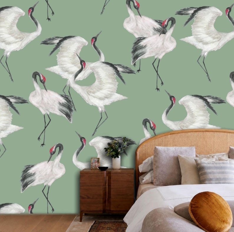 Sage Green Japanese Crane Wallpaper Mural Peel and Stick on Etsy