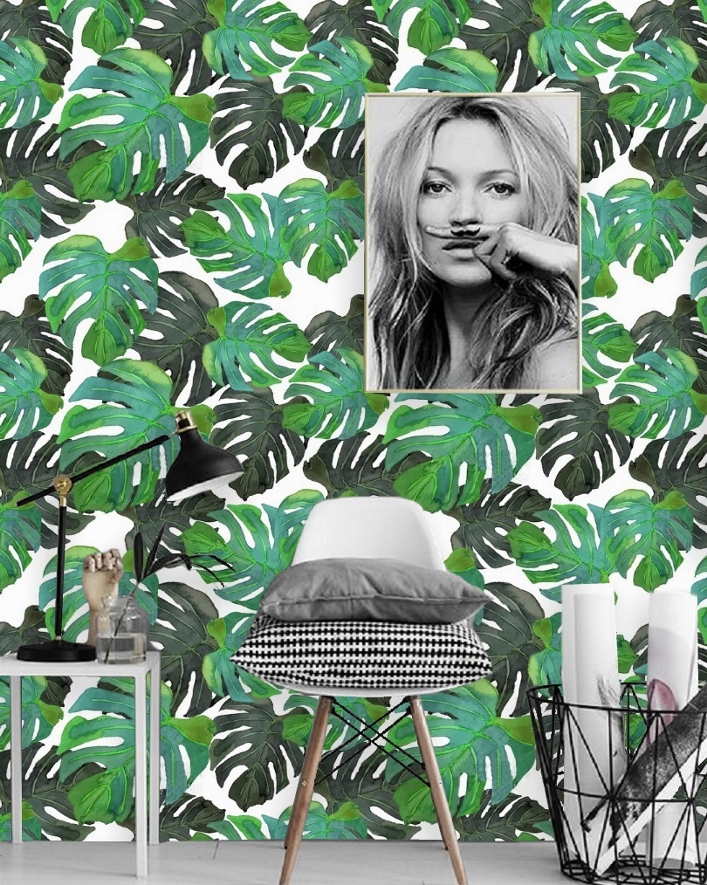 Monstera Leaf Wallpaper Wall Mural Removable Wallpaper Peel & | Etsy