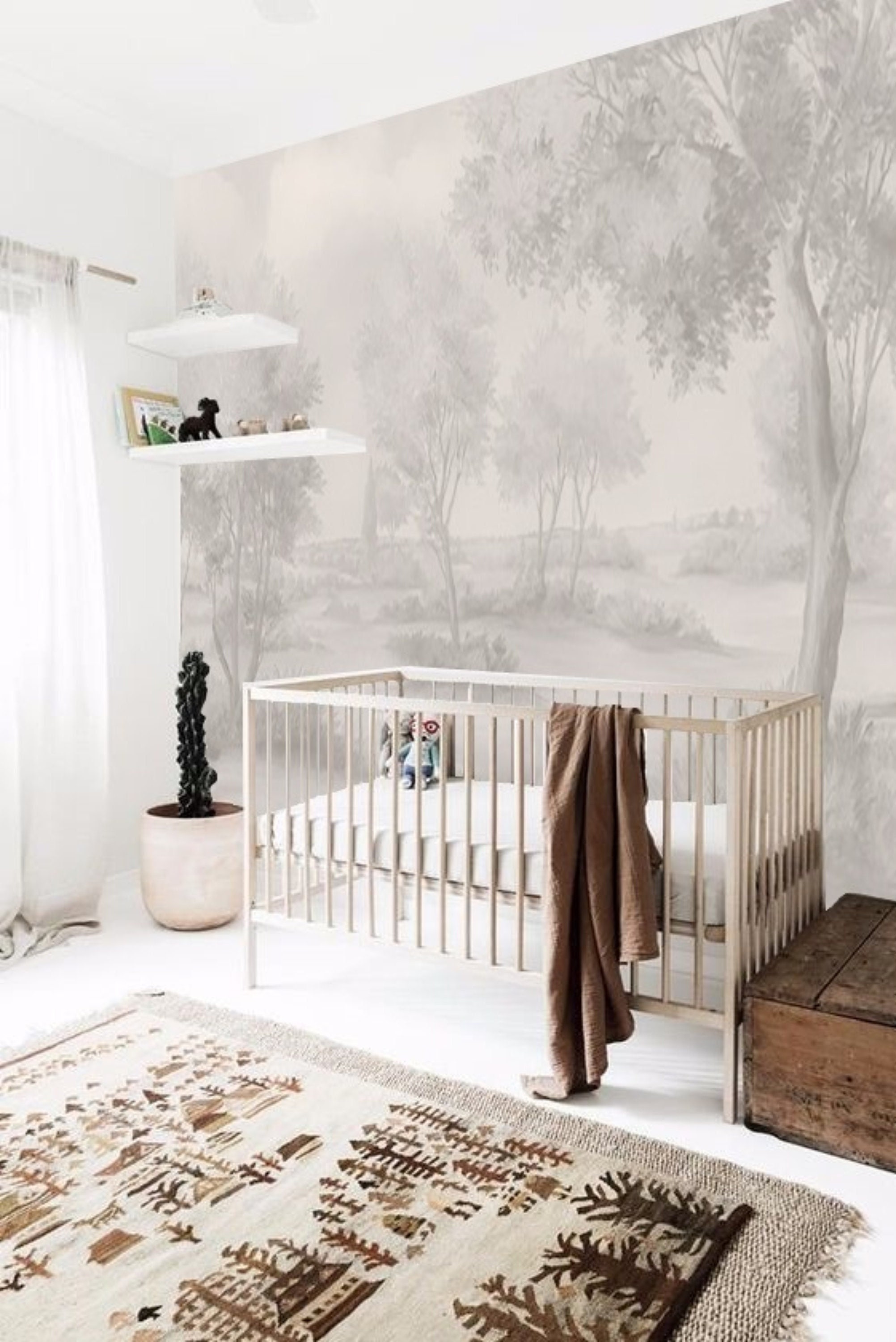 Misty Tree Painting Wallpaper in Neutral Colors, Grisaille Scenic Landscape Mural, Peel n Stick Vintage Style Decor,Large Panoramic Wall Art