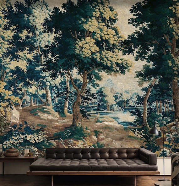 Antique French Verdure Tapestry Wall Mural, Woodland Forest Landscape Wallpaper, Peel and Stick or Vinyl, Old World Decor, Custom Size