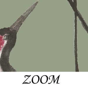 May include: A black and white ink illustration of a crane with a red head and neck. The crane is standing on one leg with its other leg extended. The background is a light green color.