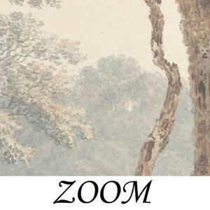 May include: A watercolour painting depicting a woodland scene with tall trees and a misty background. The trees are painted in shades of brown and green, with a soft, hazy effect.