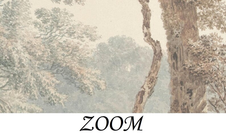 May include: A watercolour painting depicting a woodland scene with tall trees and a misty background. The trees are painted in shades of brown and green, with a soft, hazy effect.