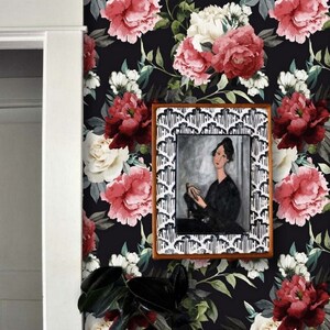 Pink Red White Flower Peony Wallpaper Black Background Removable Peel and Stick on Etsy