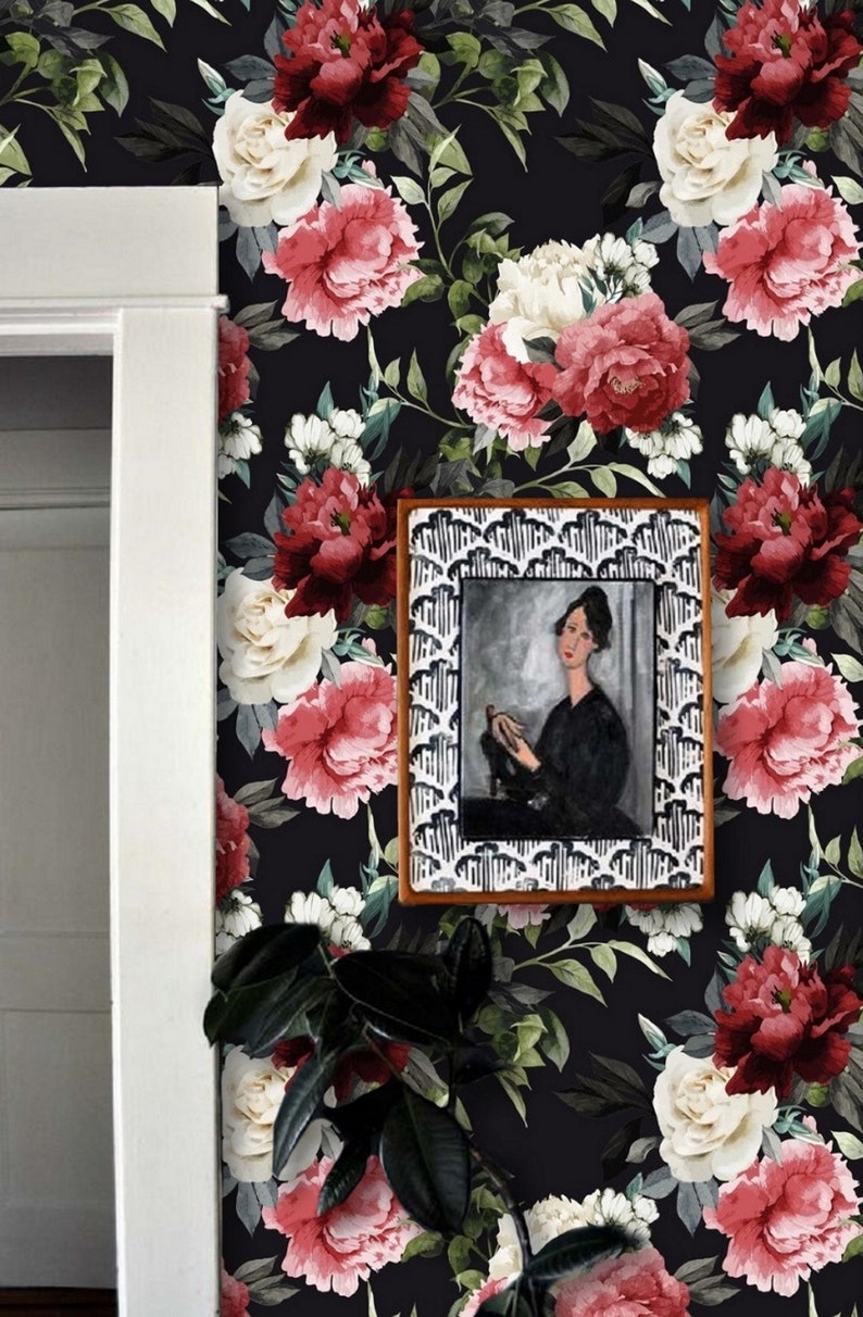 Pink Red White Flower Peony Wallpaper Black Background Removable Peel and Stick on Etsy