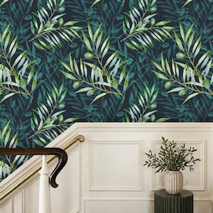 Dark Blue Navy Green Olive Branch Watercolor Wallpaper Nature Inspired Removable Peel and Stick Wallpaper on Etsy