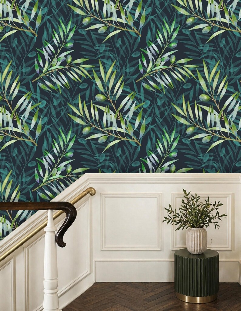 Dark Blue Navy Green Olive Branch Watercolor Wallpaper Nature Inspired Removable Peel and Stick Wallpaper on Etsy