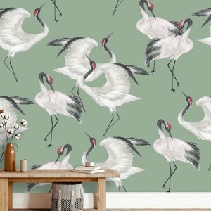Sage Green Japanese Crane Wallpaper Mural Peel and Stick on Etsy