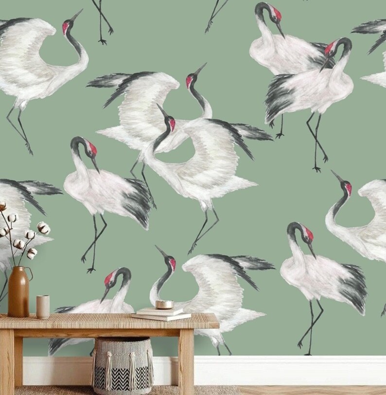 Sage Green Japanese Crane Wallpaper Mural Peel and Stick on Etsy