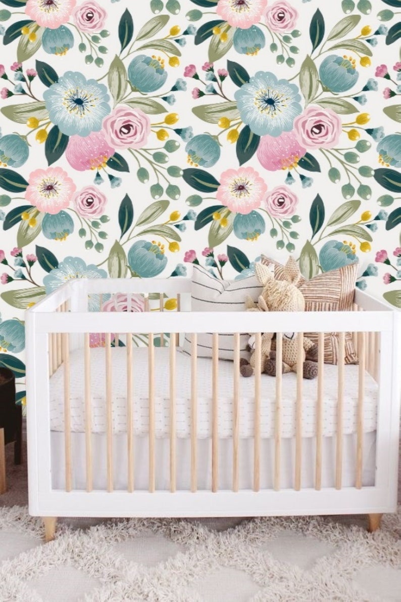 Moody Floral Nursery Removable Wallpaper Pink and Blue Floral - Etsy