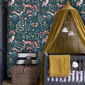 Green Red Dark Whimsical Cottagecore Nursery Wallpaper Midnight Blue Teal Background Removable Peel and Stick Wallpaper on Etsy