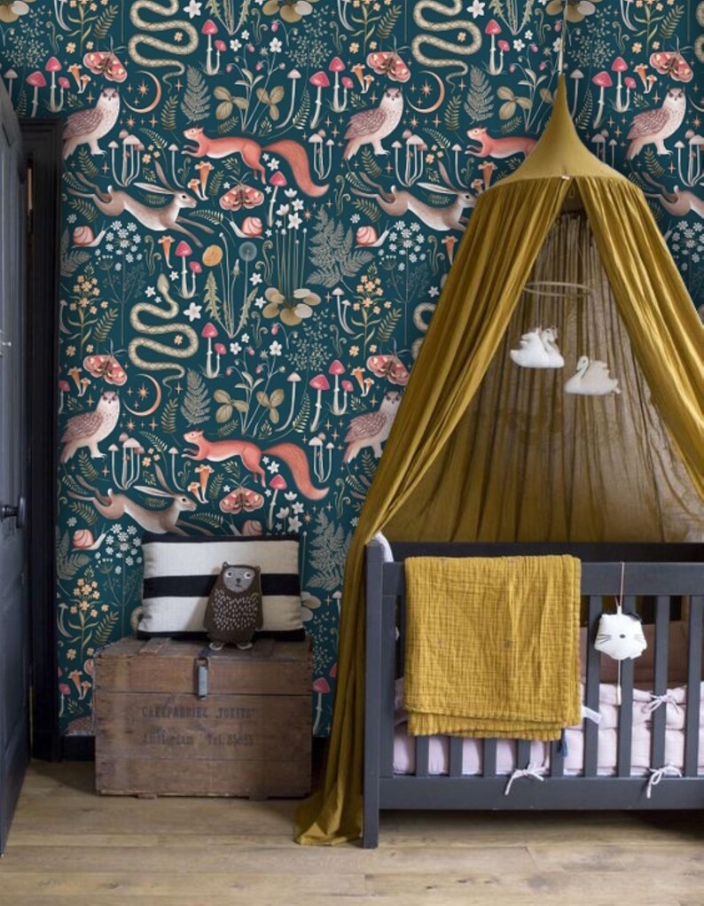 Green Red Dark Whimsical Cottagecore Nursery Wallpaper Midnight Blue Teal Background Removable Peel and Stick Wallpaper on Etsy