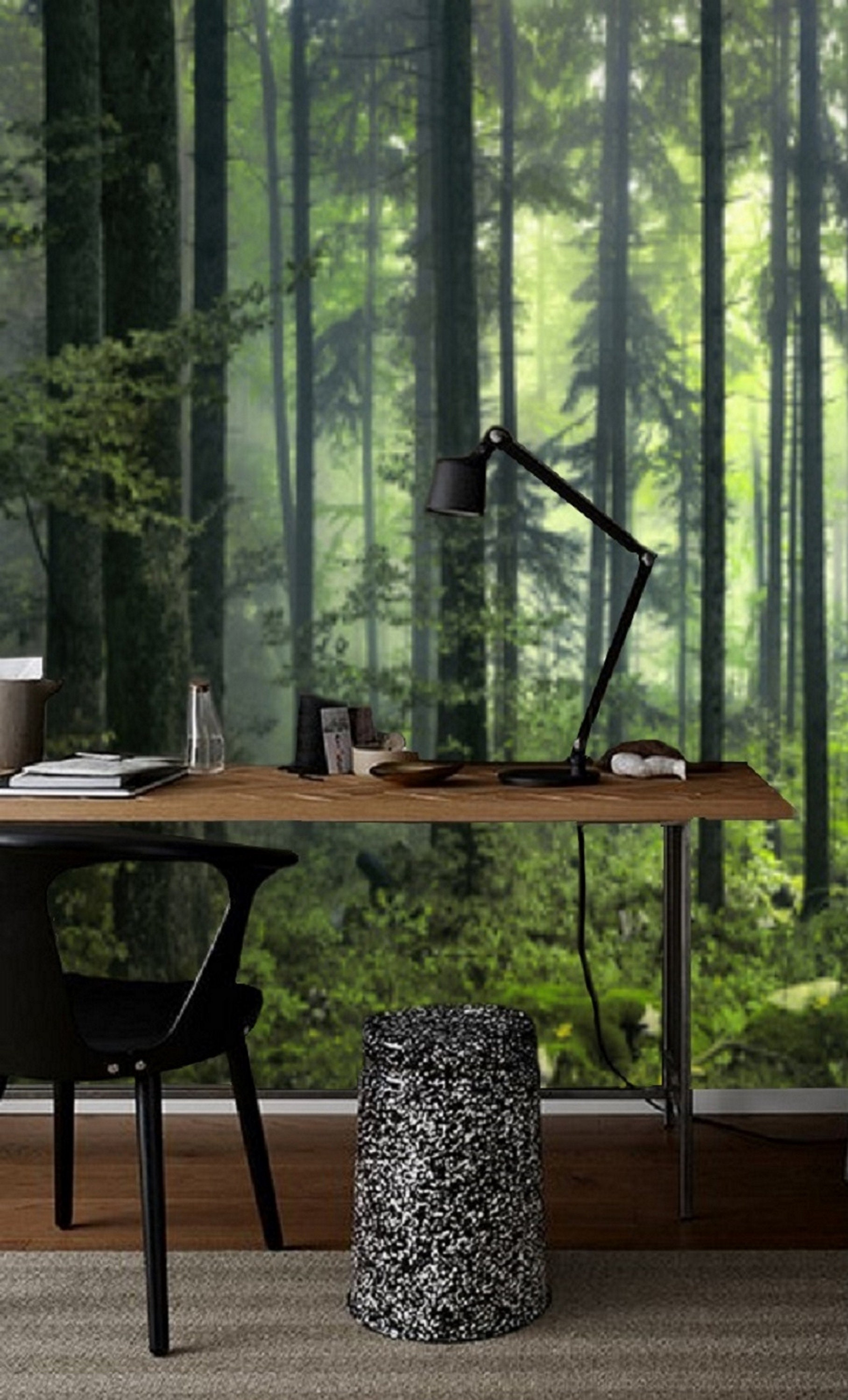 Dark Green Misty Forest Wall Mural Wallpaper, Peel and Stick Wood ...
