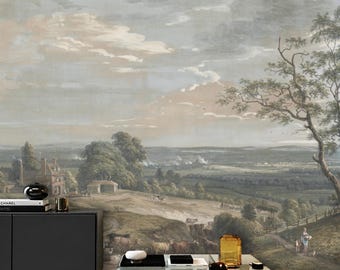 Mural de pared con paisaje pastoral antiguo, papel pintado de campiña inglesa en tonos suaves, autoadhesivo o de vinilo, decoración clásica tradicional, tamaño personalizado.