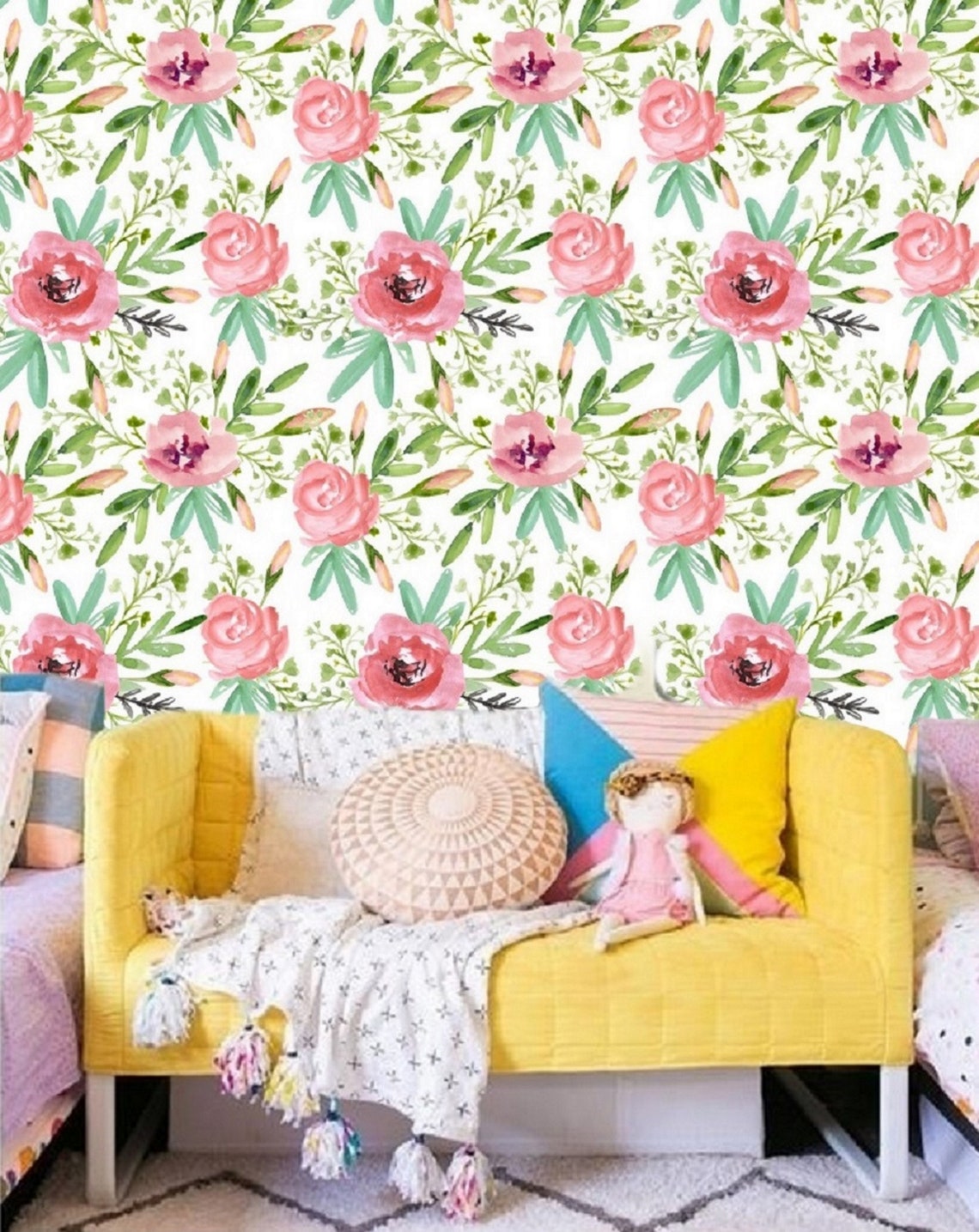 Peel & Stick Wallpaper Floral Pink Floral Wallpaper Baby Girl Etsy