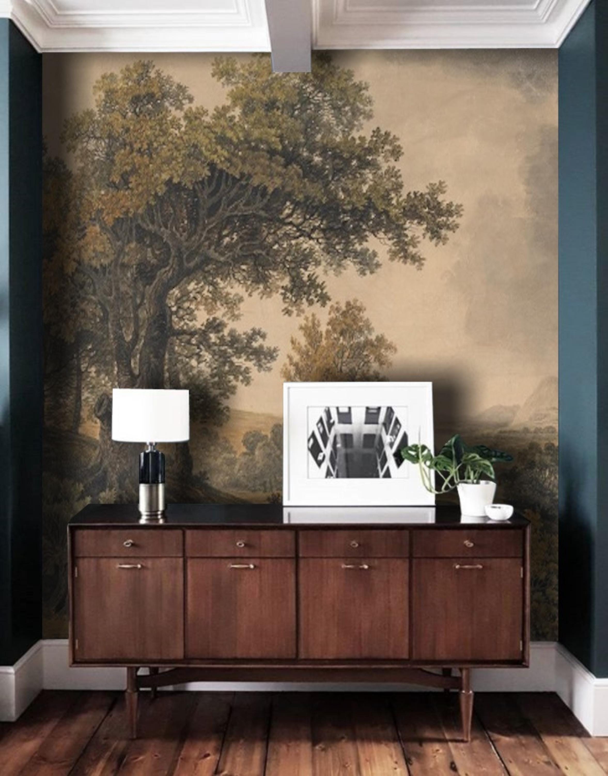 Earth Tone Landscape Painting Wallpaper Vintage Mural, Removable Peel