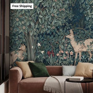 William Morris Wallpaper, Whimsical Forest Wallpaper, Woodland Removable Wallpaper, Deer Wall Mural Wallpaper, Greenery Nursery Decor #226